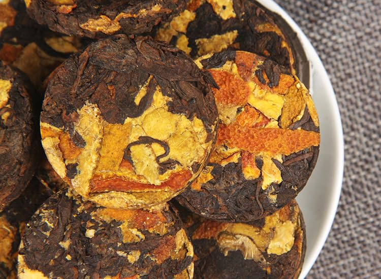 Natural Chenpi Puerh Tea Small Tuo Cha Cake Yunnan Chenpi Ripe Tea Black Tea Small Jade Cake Aged Citrus Puerh Tea Sweet and Smooth 陈皮普洱茶小沱茶饼云南陈皮熟茶叶黑茶小玉饼陈年柑普茶500g