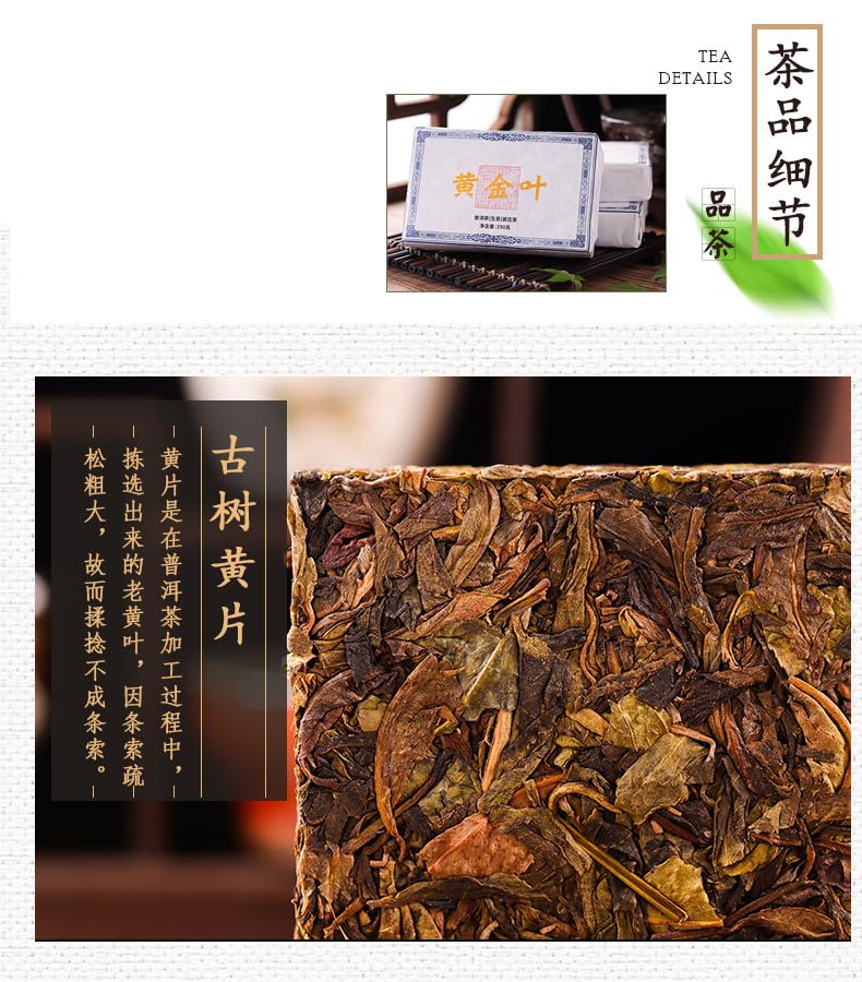 Natural and Additive-free First Spring Brown Mountain Ancient Tree Tea Brick 250g Puerh Tea Raw Tea Menghai Ancient Tree Gold Leaf Green Tea 头春布朗山古树黄片茶砖250g 普洱茶生茶勐海古树黄金叶