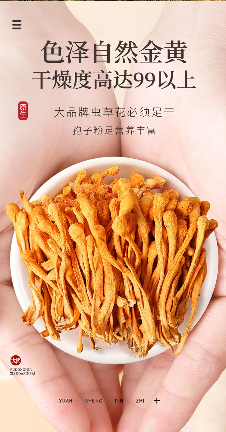 Natural Green Food Without Additives 250g CORDYCEPS MUSHROOM, Herbal Tea, Chinease Herbal, Dryness Up To 99% or More 福东海虫草花250g 蛹虫草北虫草孢子头金虫草