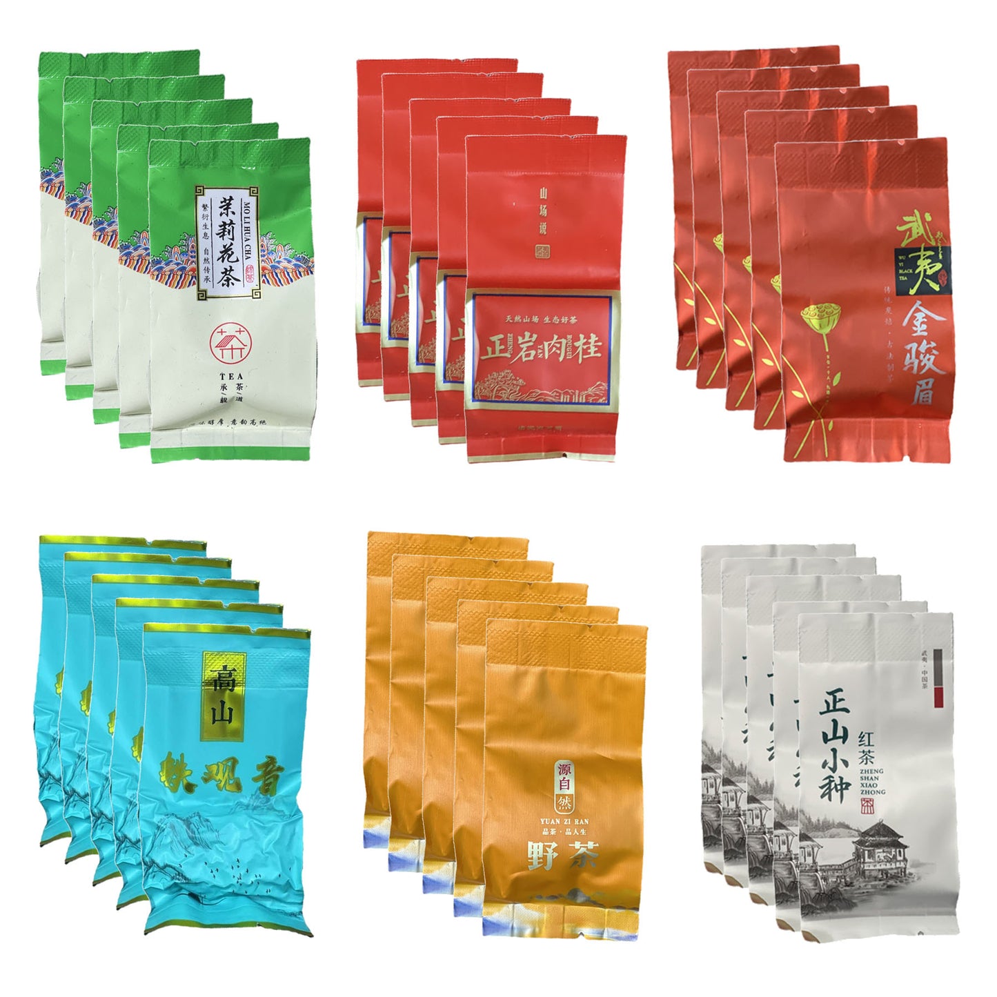 Chinese Tea Premium Combination Tea Bags with Green and Black Tea Assortment 30 Packs of 5g/Bag 正山小种,金骏眉,铁观音, 肉桂, 茉莉花茶,野茶小种 浓香型新茶小包装 袋装5g/Bag