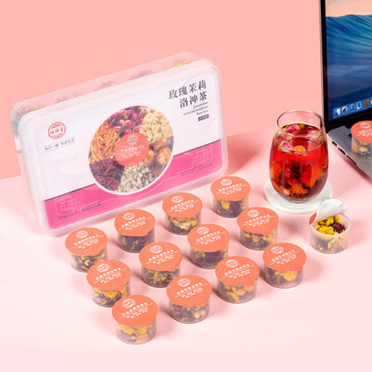 Rose Jasmine Natural Roselle Flower Tea 105g (3.70oz) 15 Cans of Health Tea Flower Tea Small Cans of Tea Bags Combination Chinese Herbal Tea 玫瑰茉莉洛神茶 15罐装养生茶 花茶 代用茶小罐装茶包