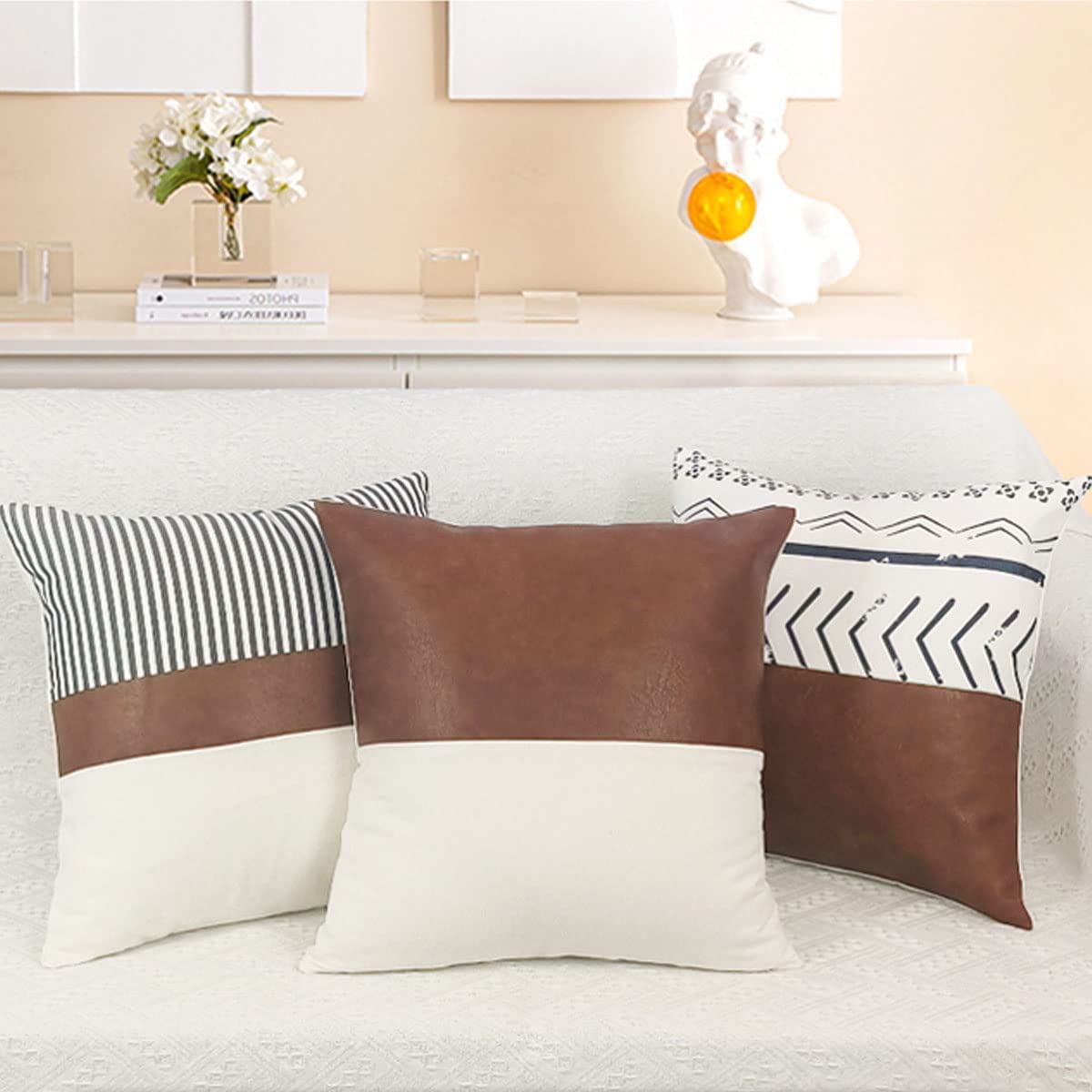 Modern Simple Style PU Splicing Pillow Covers Living Room Sofa Bedroom Bedside Cushion All Season Universal Pillow Covers 18"x18"