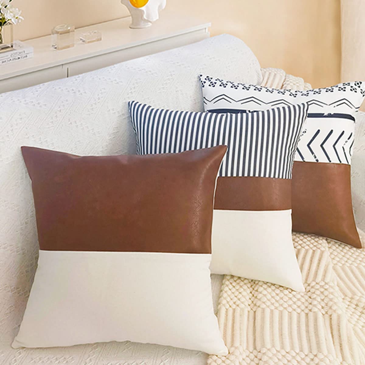 Modern Simple Style PU Splicing Pillow Covers Living Room Sofa Bedroom Bedside Cushion All Season Universal Pillow Covers 18"x18"