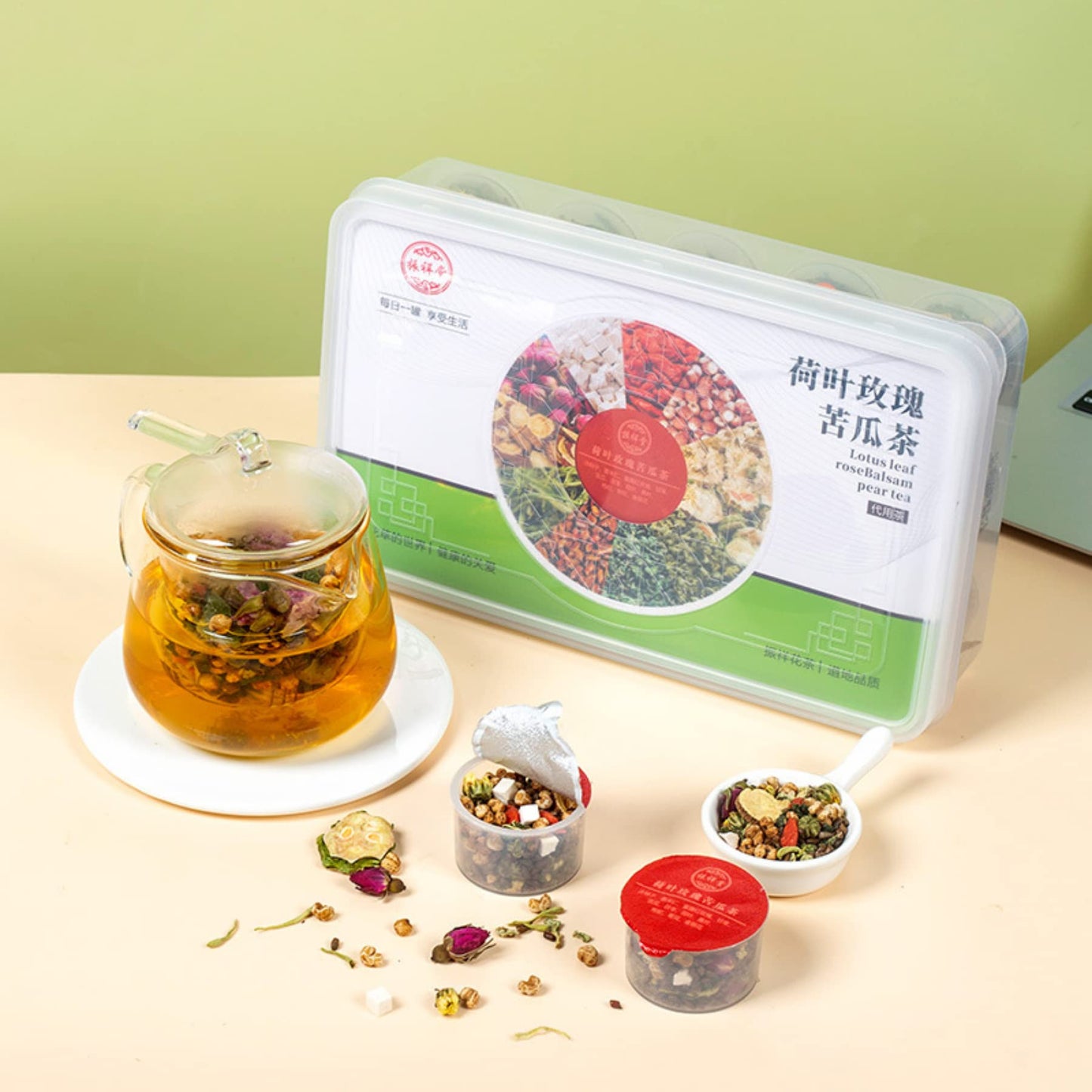Lotus Leaf Rose Bitter Melon Tea 30 Small Cans of Health Tea Premium Product Winter Melon Lotus Leaf Tea 525g (18.51oz) Portable Flower Tea Combination Chinese Herbal Tea 荷叶玫瑰苦瓜茶30小罐养生茶 优质产品冬瓜荷叶茶