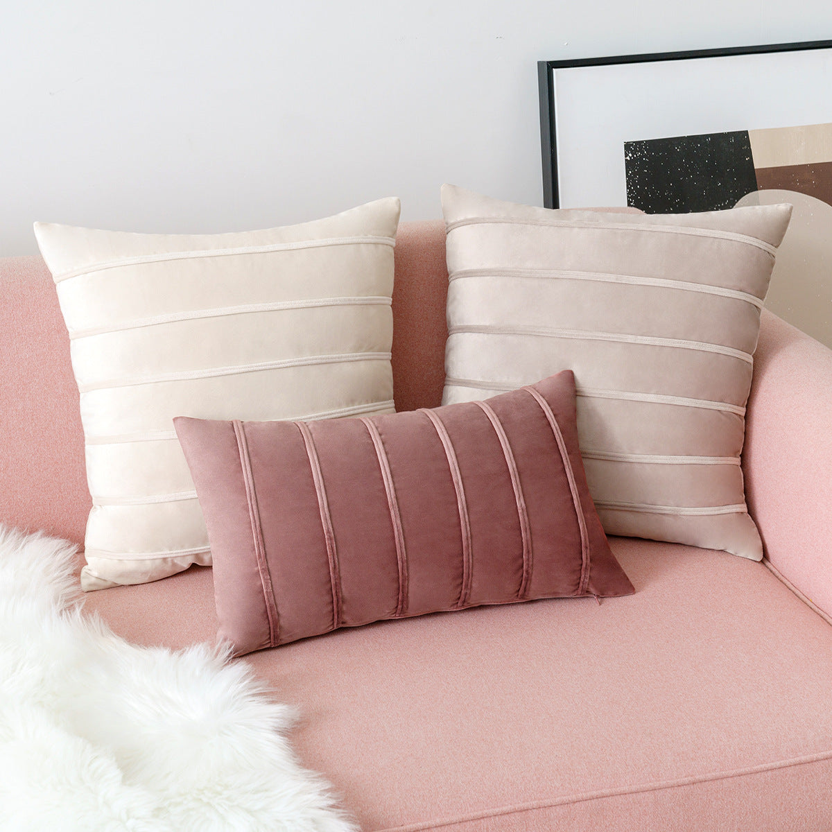 Pack of 2 Home Decor 18x18 Inch Velvet Vertical Strap Nordic Style Binding Technology Pillow Cushion Cases Soft Velvet Square Throw Pillow Covers