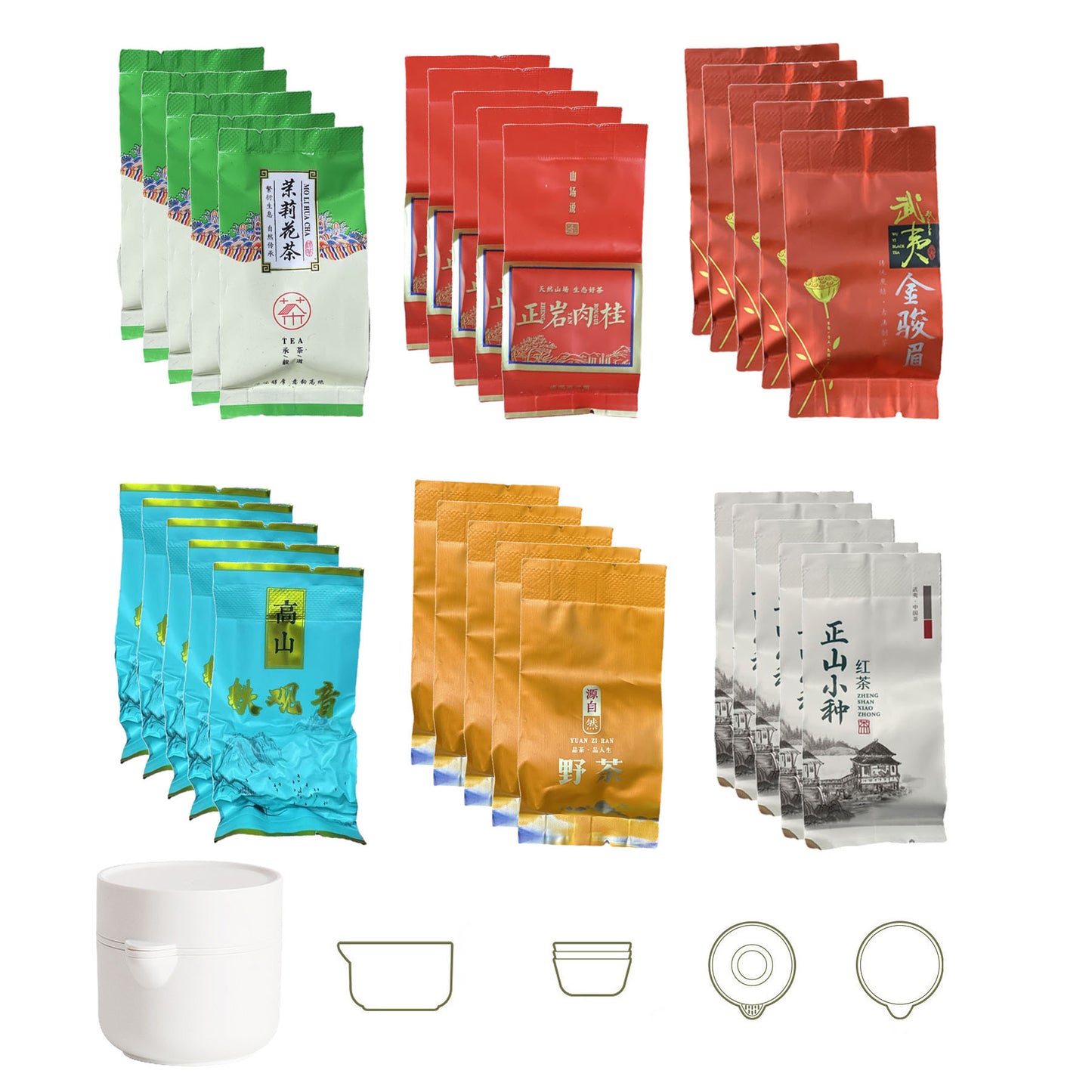 Complete Set Chinese Tea Set Premium Combination Tea Bags with Green and Black Tea Assortment 30 Packs of 5g/Bag + Portable Tea Set   红茶和绿茶的组合+便携式茶具一套
